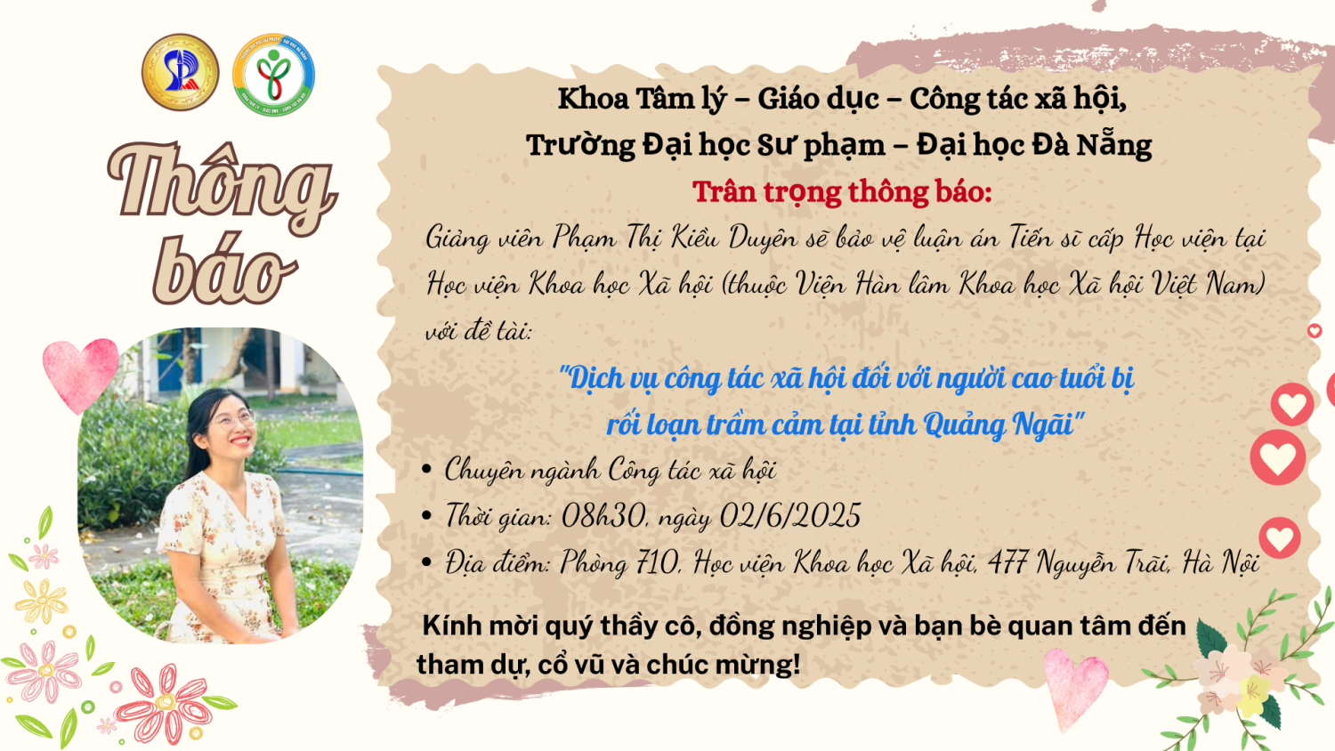 Thông báo về việc bảo vệ luận án Tiến sĩ của giảng viên ThS. NCS. Phạm Thị Kiều Duyên