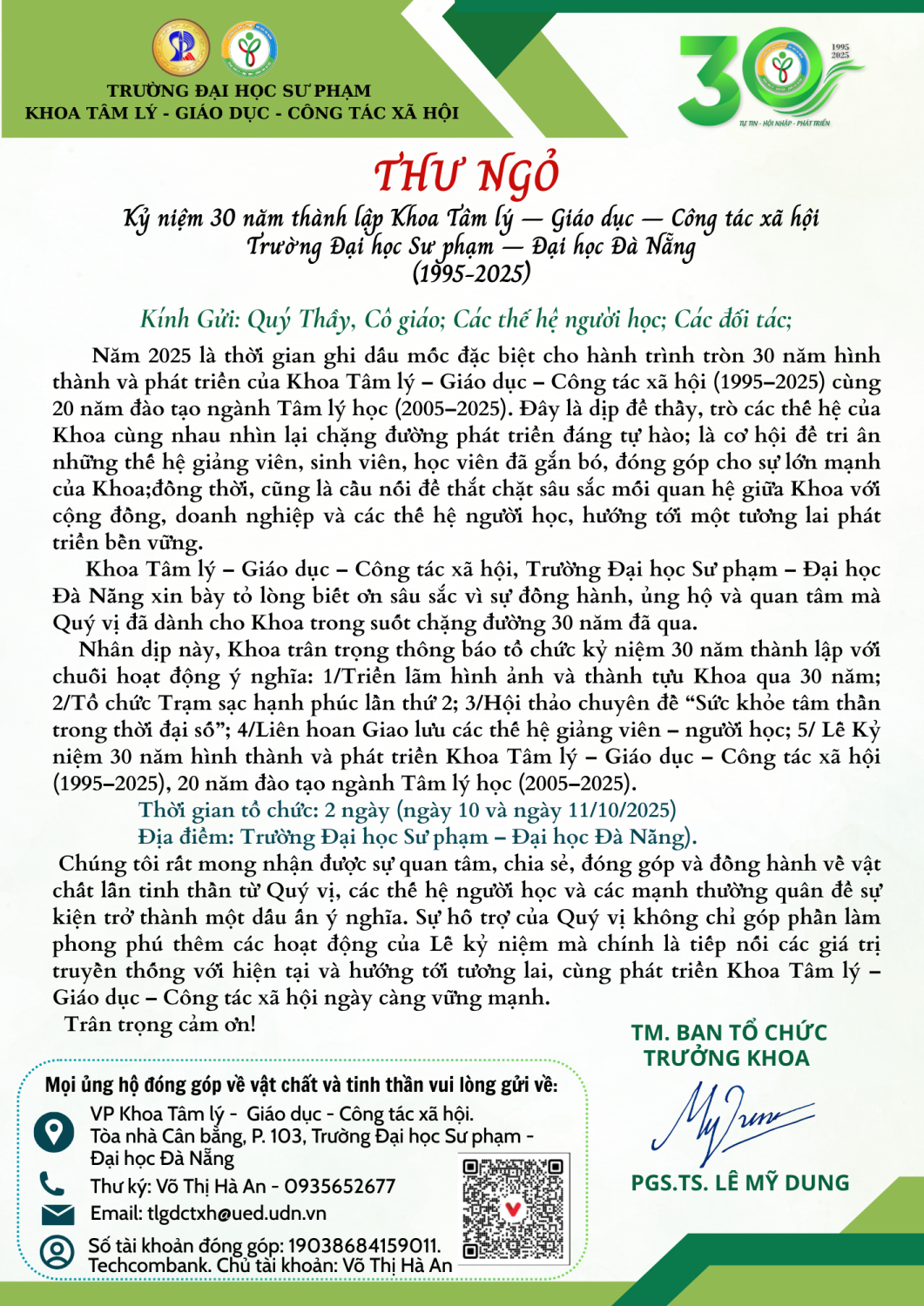 Khoa Tâm lý – Giáo dục – Công tác xã hội kỷ niệm 30 năm thành lập và 20 năm đào tạo ngành Tâm lý học
