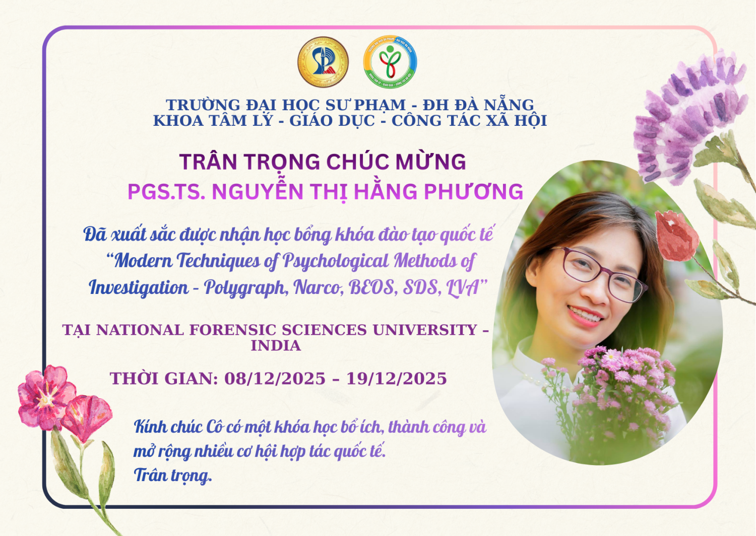 CHÚC MỪNG PGS.TS. NGUYỄN THỊ HẰNG PHƯƠNG ĐƯỢC NHẬN HỌC BỔNG KHÓA ĐÀO TẠO QUỐC TẾ